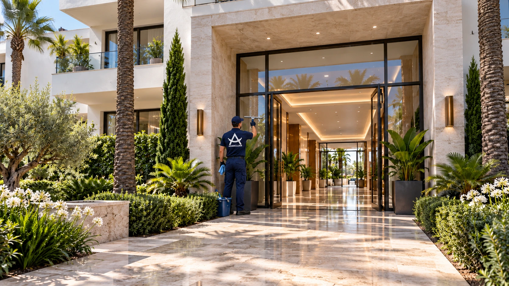 Operario de Axarclean limpiando el cristal junto a la entrada del portal
