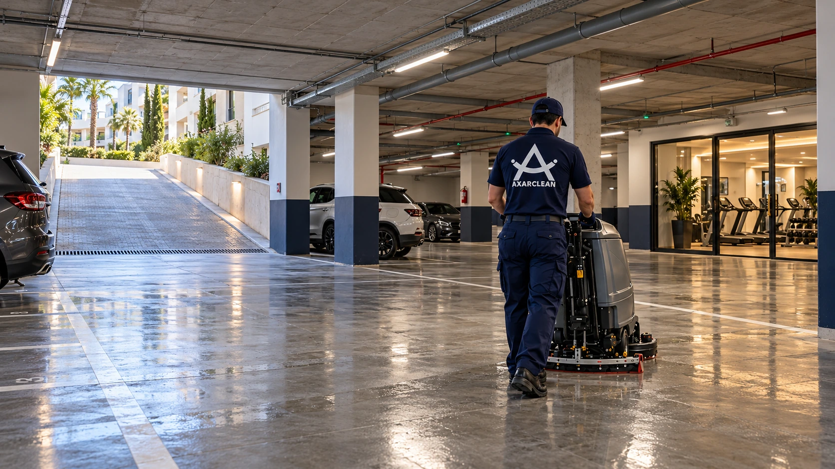 Operario de Axarclean limpiando el garaje bajo la urbanización, junto a la rampa y al acceso al gimnasio