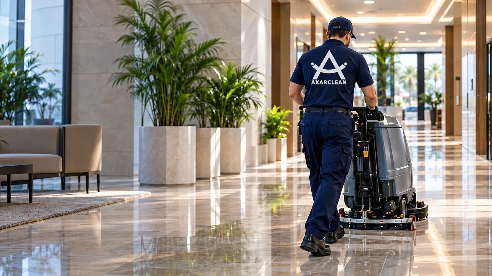Operario de Axarclean fregando el suelo del pasillo de una comunidad