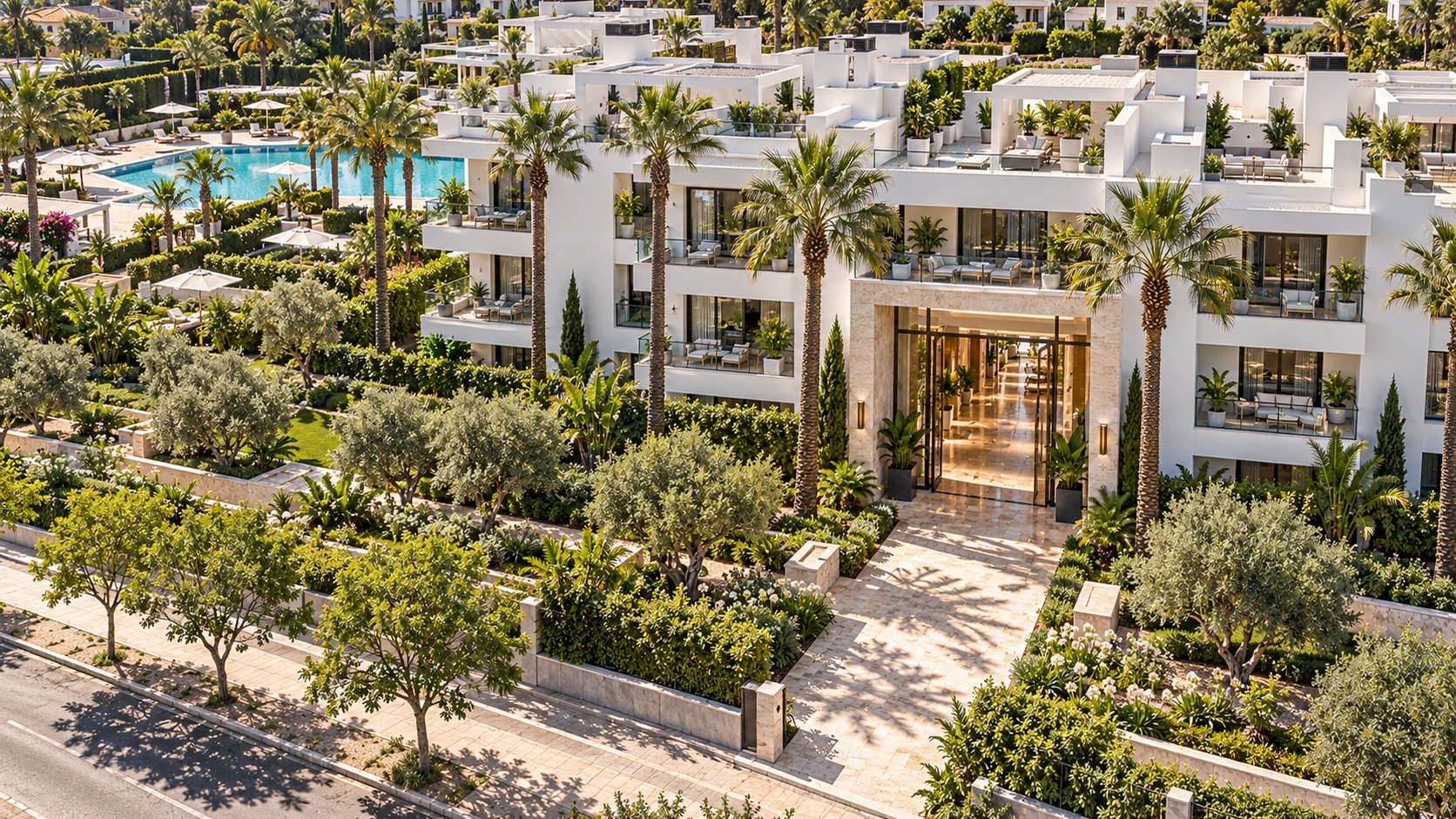 Vista aérea de una urbanización de Málaga con jardines, piscina y acceso al portal