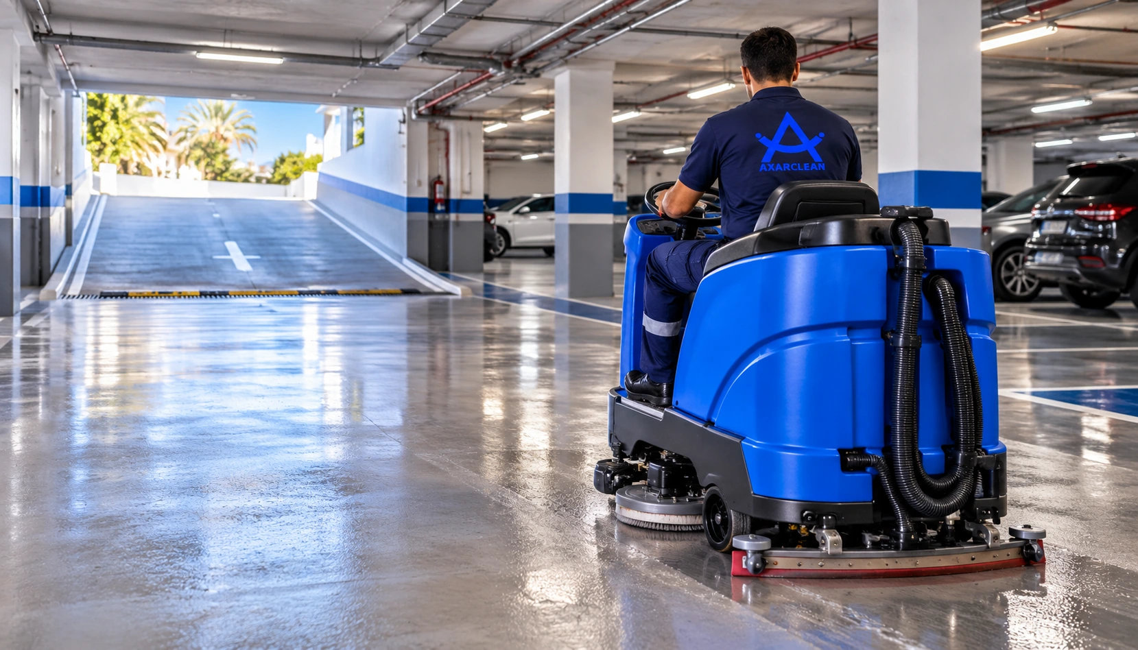 un operario Axarclean limpiando un garaje con fregadora autopropulsada