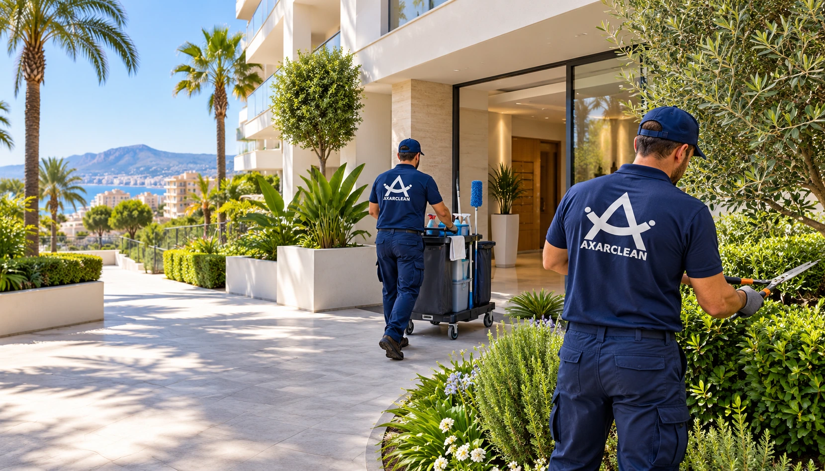 un equipo de Axarclean coordinando limpieza y jardinería en una comunidad